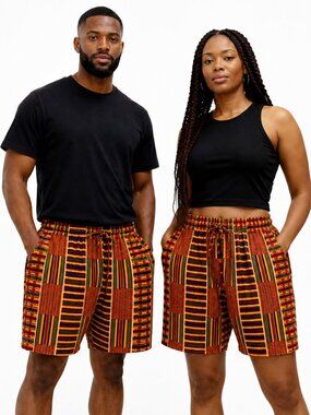 African Kente Print Shorts 100% Cotton Unisex Free Size & Plus Size Pockets